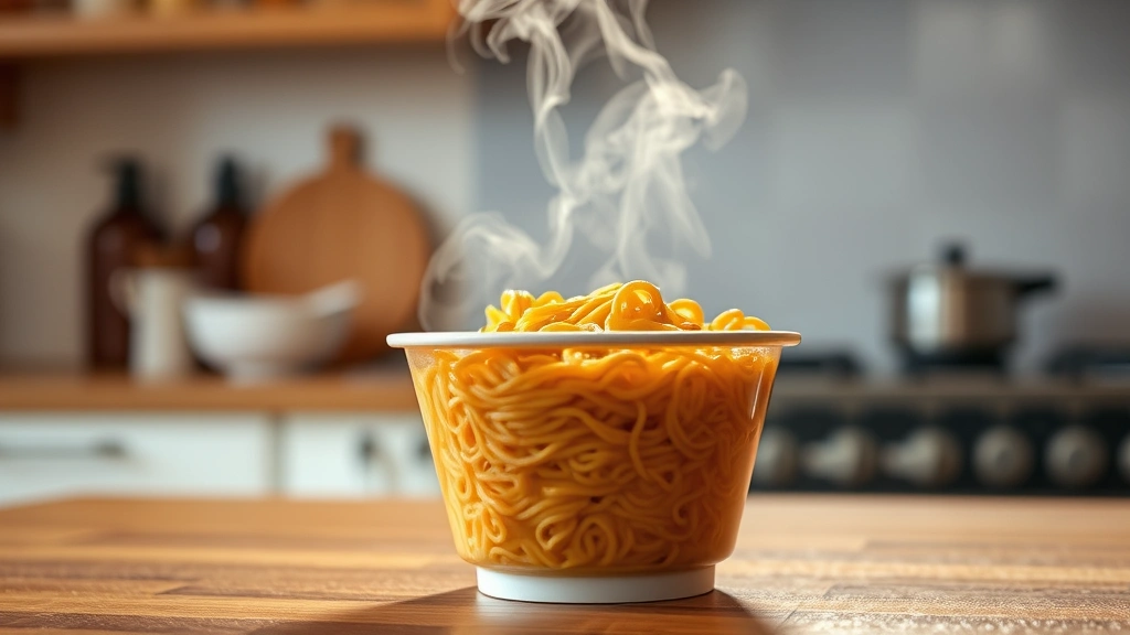 Close-up of steaming instant noodle cup with steam rising, minimalist kitchen counter background, warm lighting, professional food photography