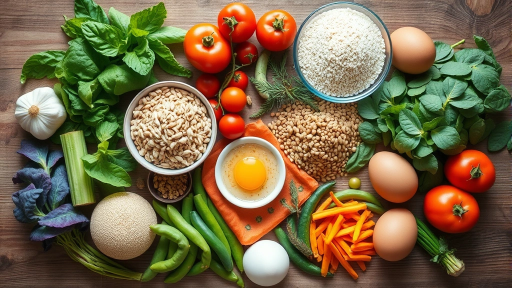 Overhead flat lay of various whole food ingredients—fresh vegetables, grains, legumes, eggs—arranged artfully on wooden surface, natural daylight, health-focused composition