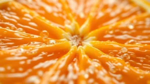 Close-up of freshly peeled Cutie orange segments with water droplets, vibrant orange color, natural lighting, shallow depth of field, professional food photography style