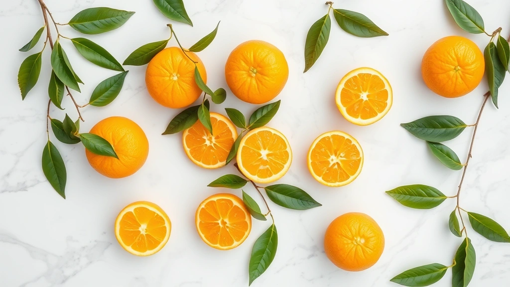 Overhead flat lay of multiple whole Cutie oranges on white marble surface with fresh green leaves, natural daylight, clean minimalist composition