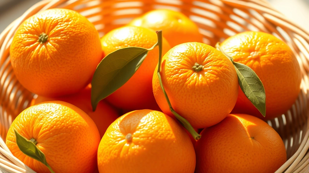 Close-up photograph of fresh Cuties oranges in a woven basket with natural morning sunlight streaming across the fruit, showing their vibrant orange color and seedless characteristics, with soft shadows highlighting texture