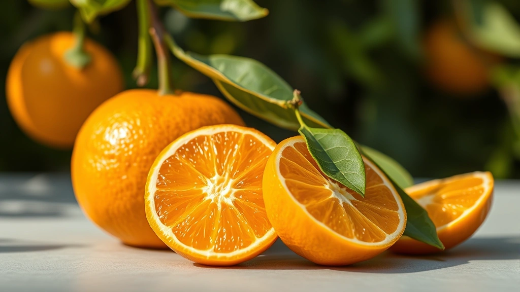 Fresh Cuties oranges displayed in natural lighting, showing their characteristic small size, vibrant orange color, and seedless appearance, with one partially peeled to reveal bright segments inside