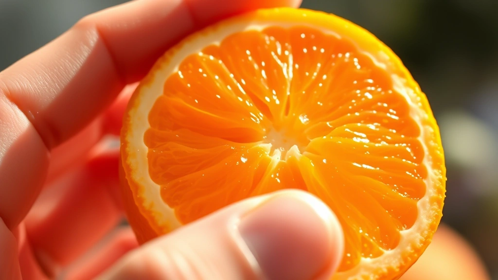 Close-up of a Cuties orange being peeled by hand, showing the bright orange flesh and the ease of separation from the peel, with natural morning sunlight highlighting the fruit's vibrant color and juicy appearance