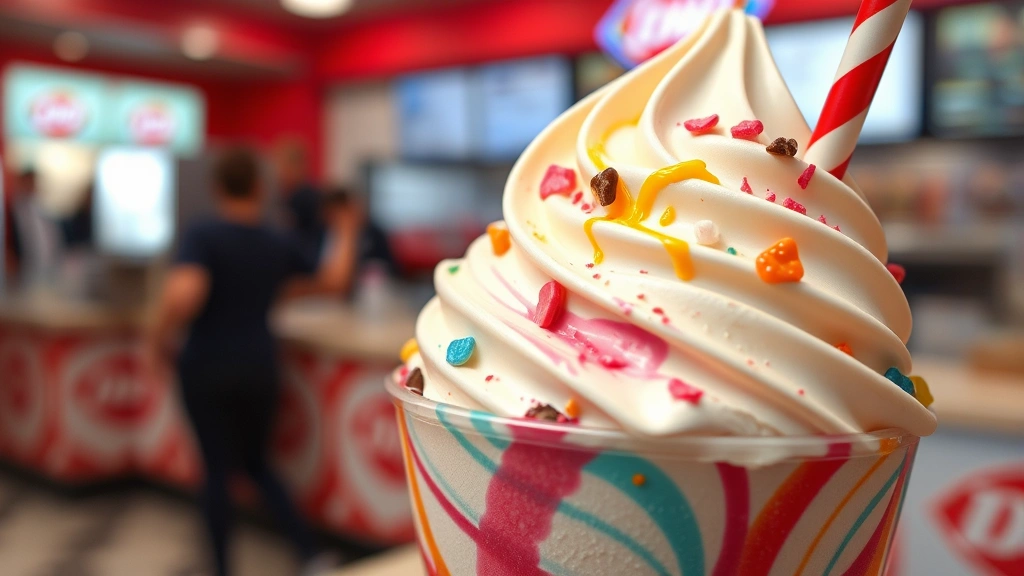 Close-up of colorful Blizzard ice cream with swirled toppings and mix-ins, soft-focus background showing busy Dairy Queen counter, natural lighting emphasizing texture and appeal