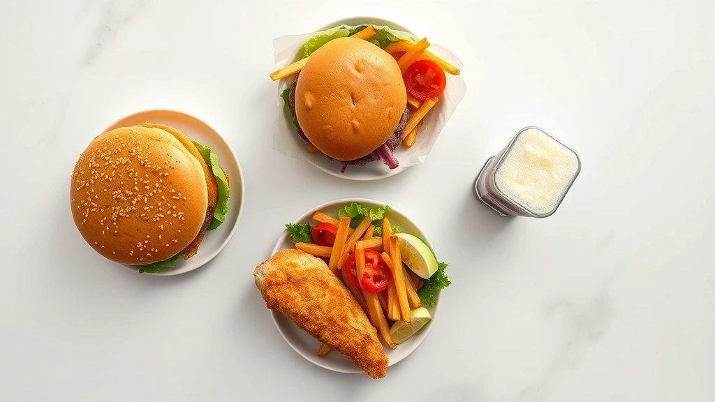 Overhead flat-lay composition of various fast-food items on modern table: burger, chicken sandwich, salad, and small frozen treat, minimalist styling with nutritional balance visualization