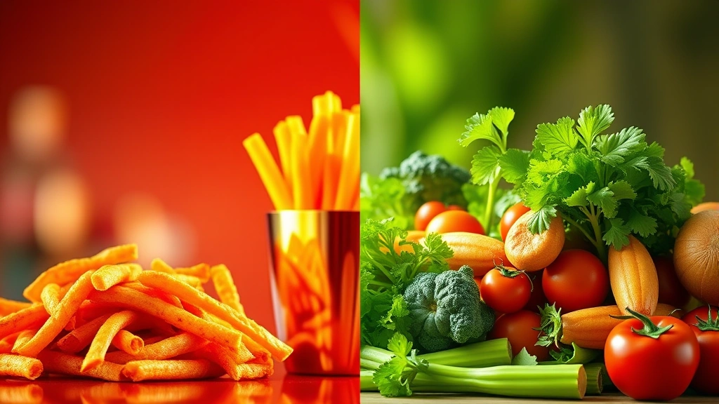 Split-screen digital visualization: left side shows vibrant fast-food indulgences, right side shows fresh whole foods, representing dietary choices and balance concept in modern aesthetic