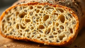 Close-up of sliced Dave's Killer Bread showing visible seeds and grains, warm lighting highlighting texture, artisan bakery aesthetic, shallow depth of field on the bread's cross-section