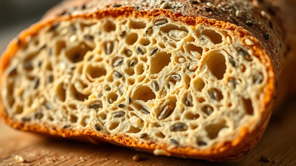 Close-up of sliced Dave's Killer Bread showing visible seeds and grains, warm lighting highlighting texture, artisan bakery aesthetic, shallow depth of field on the bread's cross-section