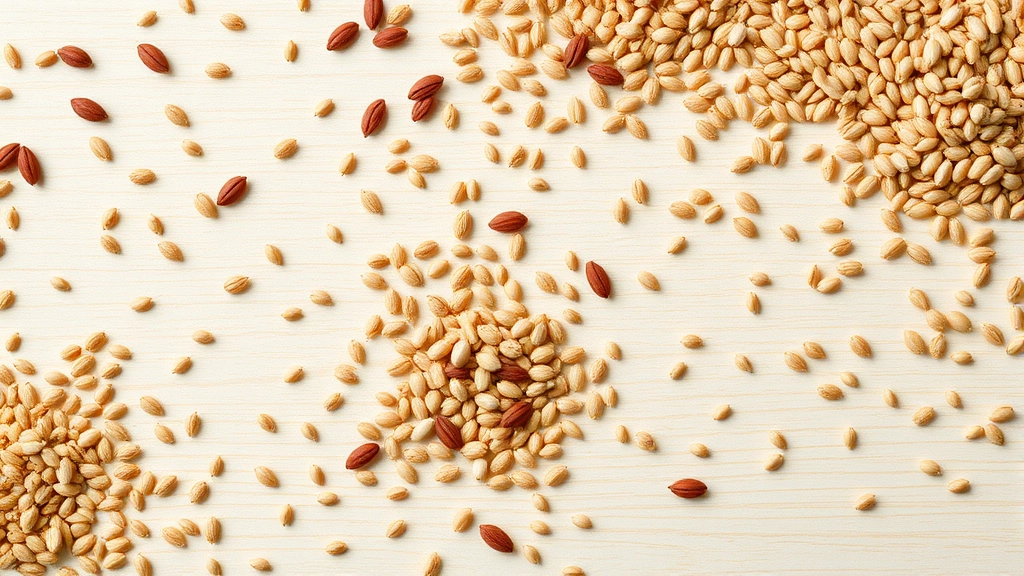 Flat lay composition of whole grains, seeds, and sprouted grain kernels scattered on a light wooden surface, professional food photography, natural morning light, no text visible