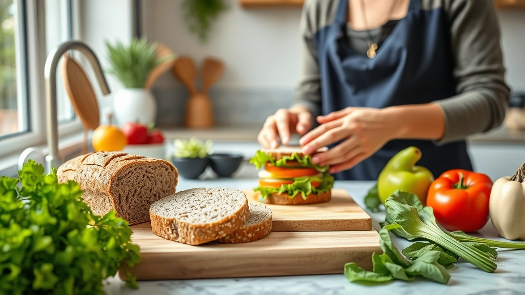 Modern kitchen scene with whole grain bread, fresh vegetables, and a cutting board, person preparing a healthy sandwich, bright natural window light, lifestyle food photography aesthetic