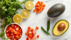 Overhead shot of colorful fresh Mexican ingredients including cilantro, lime, diced tomatoes, jalapeños, and avocado arranged artistically on marble countertop, vibrant natural lighting, professional food photography style