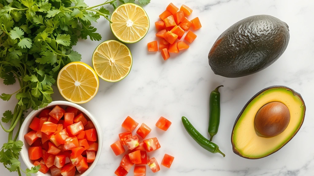 Overhead shot of colorful fresh Mexican ingredients including cilantro, lime, diced tomatoes, jalapeños, and avocado arranged artistically on marble countertop, vibrant natural lighting, professional food photography style