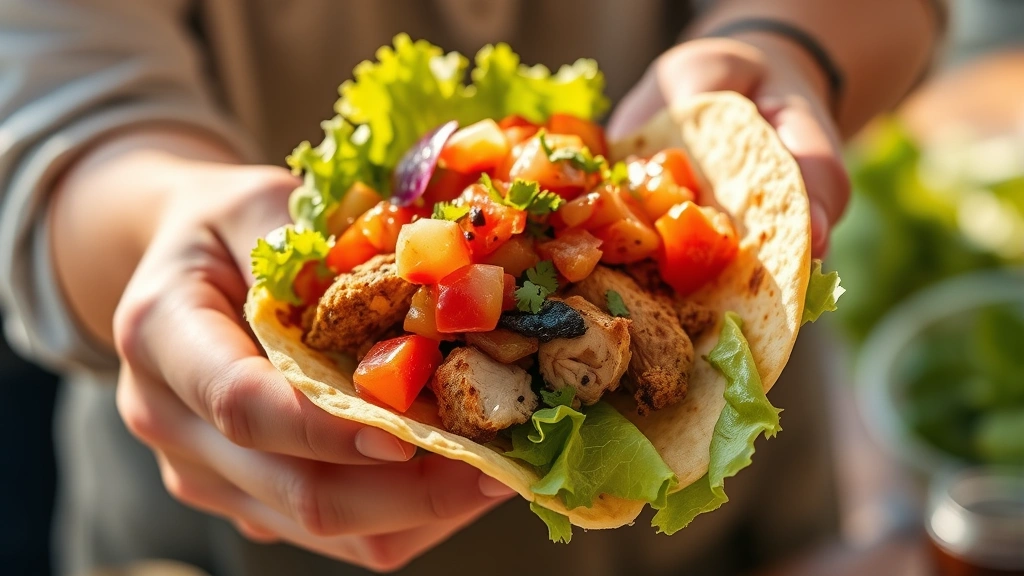 Close-up of hands holding a customized taco with fresh lettuce, grilled chicken, salsa, and vegetables, showing preparation detail, warm natural sunlight, authentic food styling without any text or labels