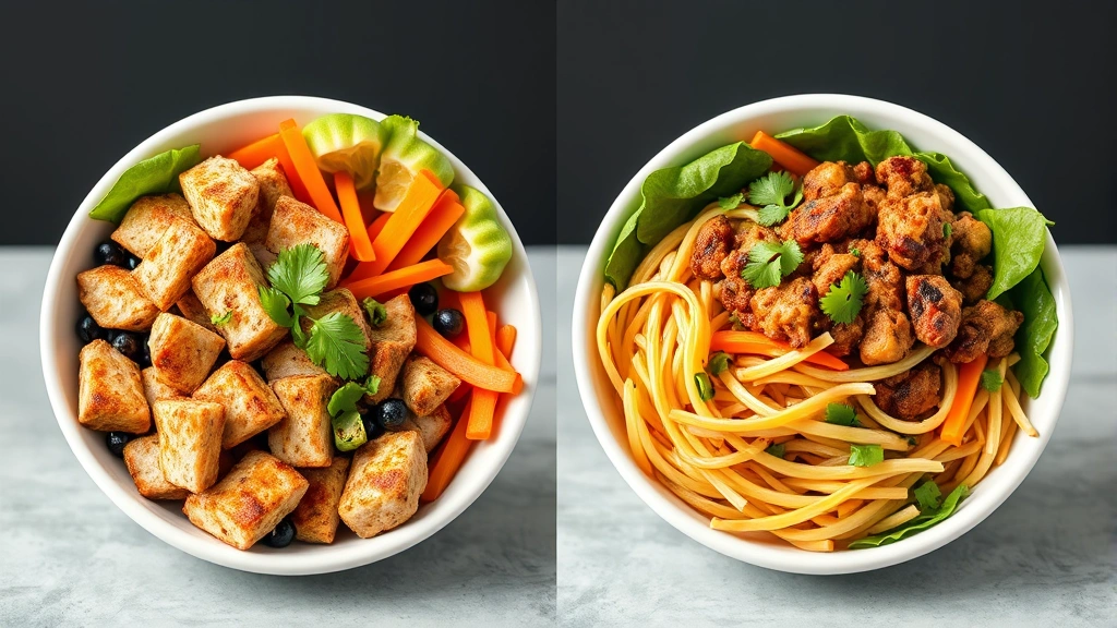 Split-screen composition showing healthy bowl modifications on left side with lean protein and vegetables versus traditional heavy version on right, clean professional presentation, neutral background, no interface elements