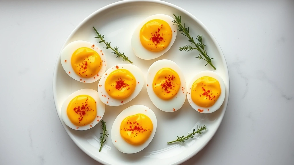 Overhead flat lay of six devilled eggs arranged on a white ceramic plate, showing golden yolks with paprika garnish and fresh herb sprigs, natural lighting from window, food photography style, no text or labels visible