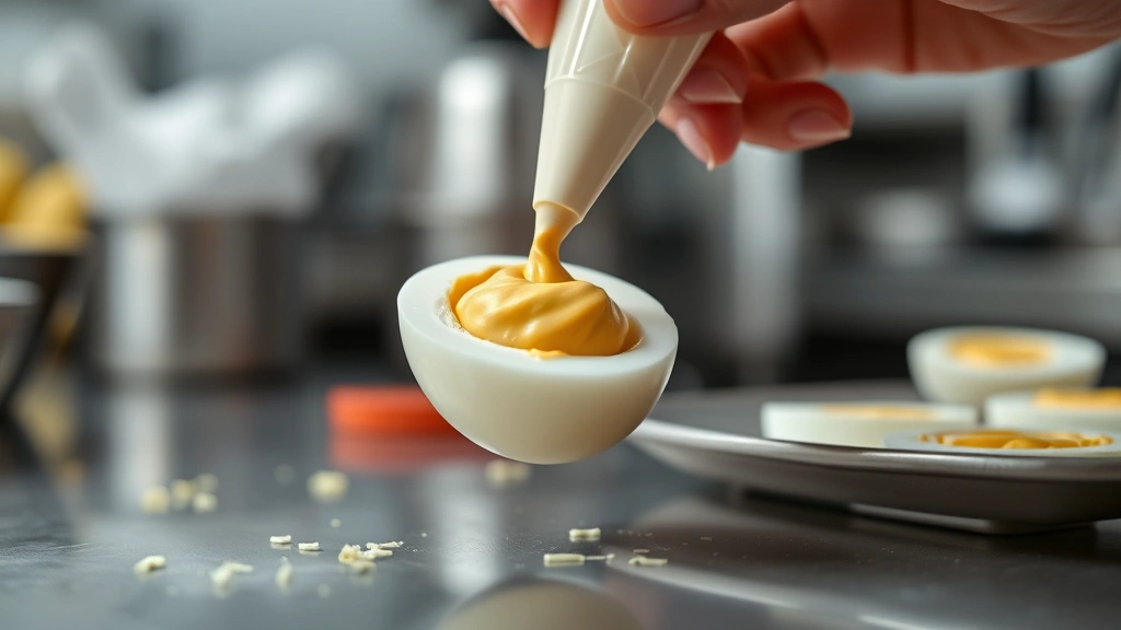 Close-up detail shot of a single devilled egg half being prepared, hands visible piping creamy filling into egg white cavity using pastry bag, professional kitchen setting, shallow depth of field, vibrant colors, no text