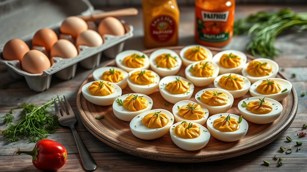 Styled food photography of devilled eggs platter with complementary ingredients nearby: fresh eggs in carton, mustard jar, paprika container, fresh herbs like dill and chives scattered around, warm natural light, no visible labels or text on packages