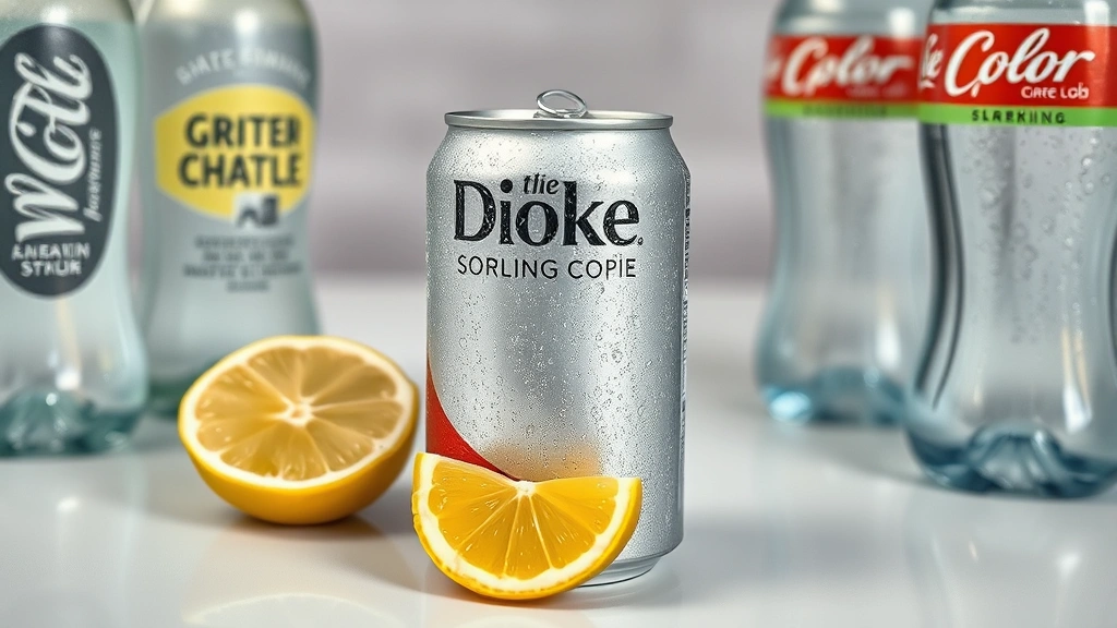 Close-up of a chilled Diet Coke can with condensation droplets, surrounded by fresh lemon slices and sparkling water bottles on a clean white counter, professional photography style
