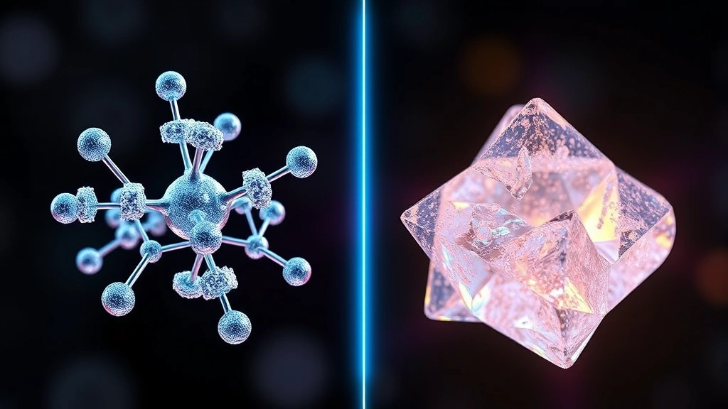 Split-screen comparison showing molecular structures of aspartame and natural sugar crystals, digital illustration with glowing neon effects, scientific visualization style