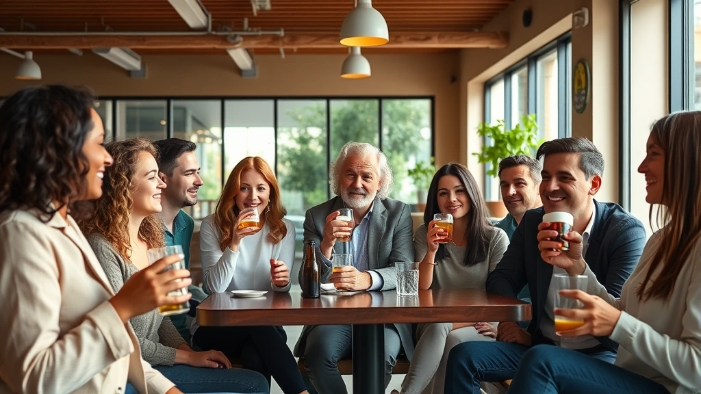 Diverse group of people in a modern health-conscious café setting, some holding water glasses and tea cups while others hold diet sodas, natural lighting, lifestyle photography