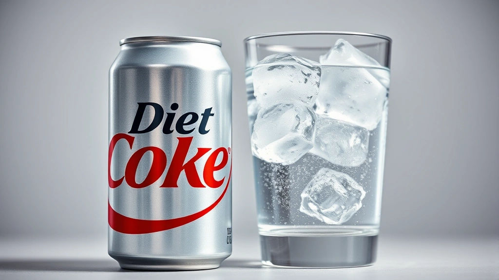 Close-up of a Diet Coke can next to a glass of water with ice, showing contrast between carbonated beverage and pure water, professional studio lighting, shallow depth of field
