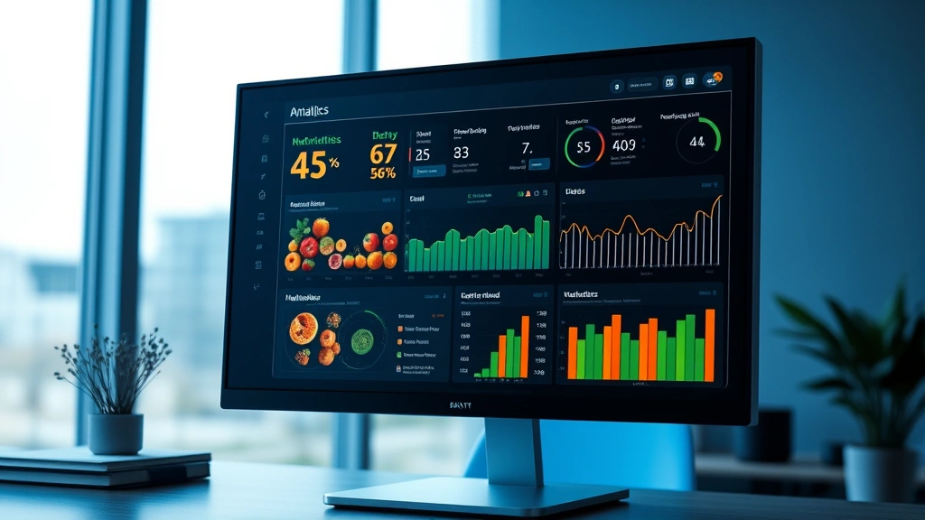 Digital health analytics dashboard displaying nutritional data, metabolic charts, and dietary tracking metrics on modern computer monitor, soft blue lighting, contemporary office environment
