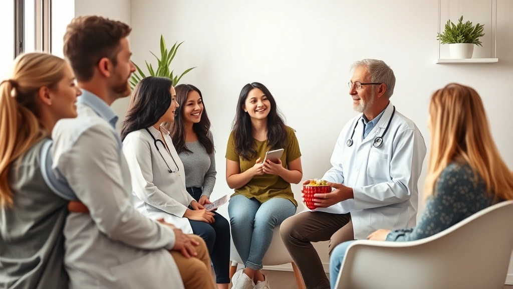 Diverse group of people in a modern wellness clinic consultation room, healthcare professional discussing nutrition with patient, warm natural lighting, professional medical setting