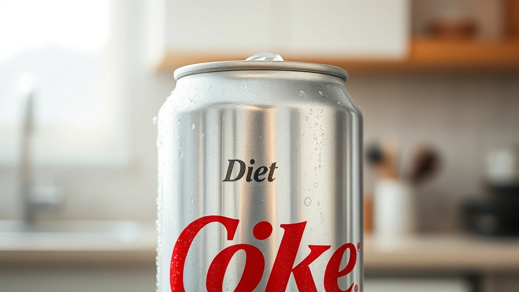 Close-up of condensation on a silver Diet Coke can against a blurred kitchen background, photorealistic, fresh beverage aesthetic, morning light