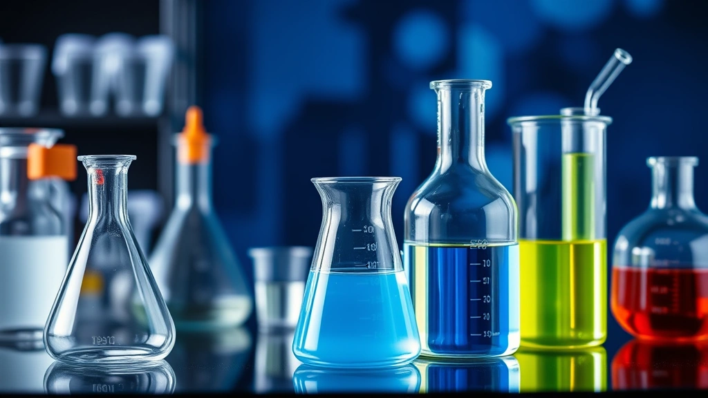 Laboratory beakers and scientific equipment with molecular structures, representing artificial sweetener research and nutritional science analysis, professional setting