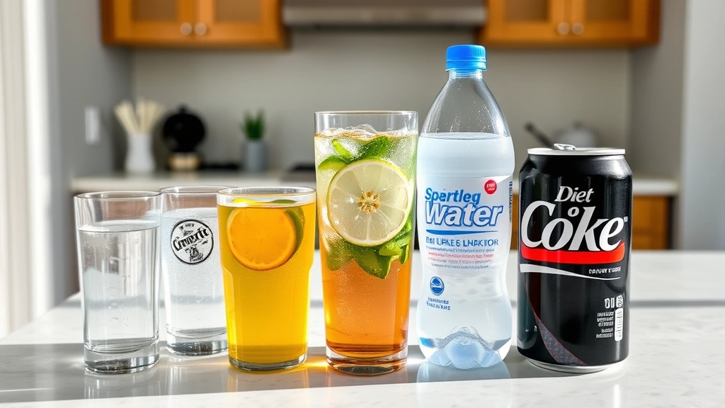 Diverse beverages arranged on a clean counter including water, tea, and sparkling water next to a Diet Coke, comparing hydration options, natural lighting