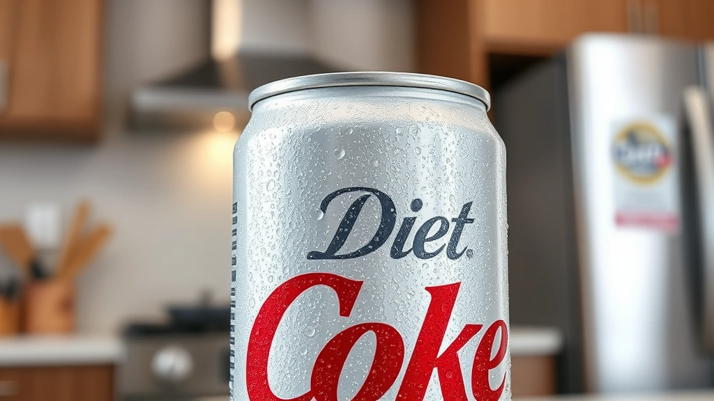 Close-up of condensation on a chilled Diet Coke can against a blurred modern kitchen background, photorealistic, emphasizing the beverage's zero-calorie appeal without visible text or labels