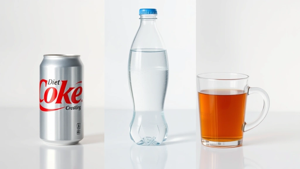 Split-screen comparison showing a Diet Coke can alongside fresh water bottle and unsweetened tea cup on a clean white surface, representing beverage alternatives, professional photography style