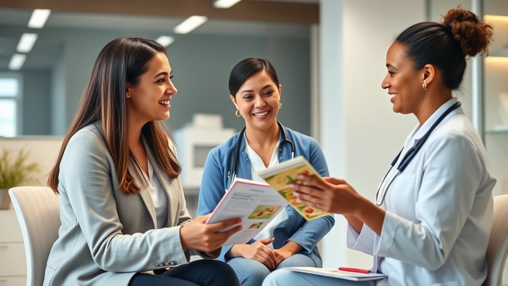 Registered dietitian nutritionist consulting with diverse client in bright modern clinic setting, reviewing nutrition information together, warm lighting, professional healthcare environment