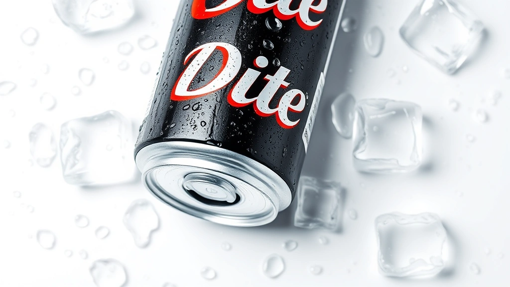 Flat lay photography of a cold Diet Coke can with condensation droplets on metallic surface, surrounded by fresh water droplets and ice cubes, professional product photography style, bright natural lighting, minimalist composition with white background