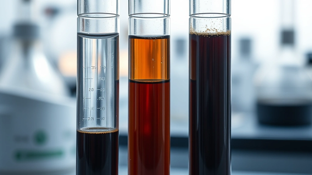 Close-up macro photography of beverage chemistry: test tubes with clear and dark liquids representing aspartame and cola ingredients, scientific laboratory aesthetic, soft diffused lighting, shallow depth of field, modern analytical equipment in background