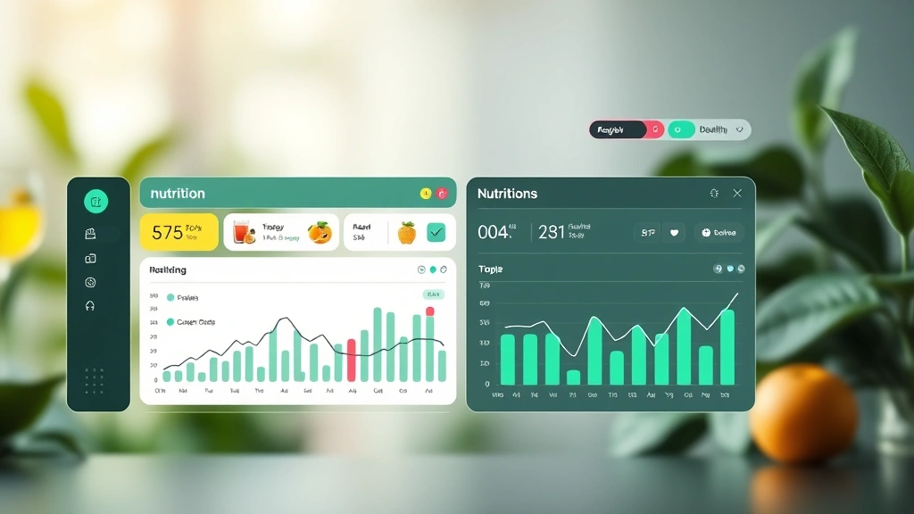 Wellness and nutrition concept: digital wellness dashboard interface showing nutrition metrics and beverage tracking, health monitoring visualization with graphs and statistics, modern UI design, professional healthcare technology appearance, no actual text visible on screens