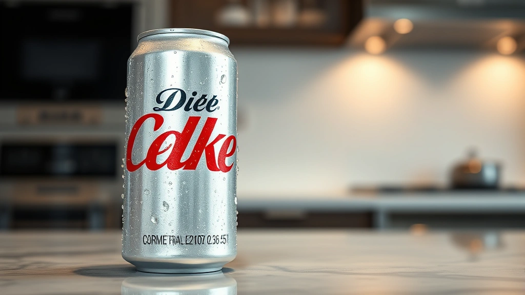 Close-up of a chilled Diet Coke can with condensation droplets, modern minimalist kitchen countertop background, professional product photography lighting, 45-degree angle view
