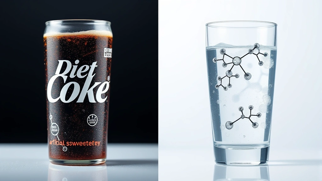 Split-screen comparison: left side showing Diet Coke with artificial sweetener molecules illustrated, right side showing fresh water in glass, scientific visualization style, clean laboratory aesthetic