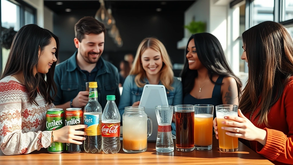 Diverse group of people choosing beverages at a modern cafe, selecting between diet sodas and healthier drinks like water and tea, bright natural lighting, lifestyle photography, focus on decision-making moment