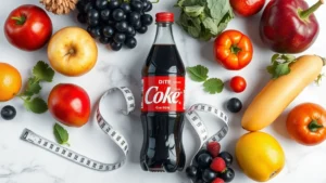 Flat lay of Diet Coke bottle surrounded by fresh fruits, vegetables, and measuring tape on white marble countertop, professional nutrition photography style