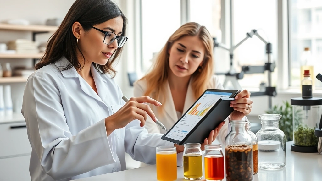 Modern laboratory workspace with nutritionist reviewing beverage analysis charts on tablet, nutrient samples in glass containers, scientific equipment visible, natural daylight