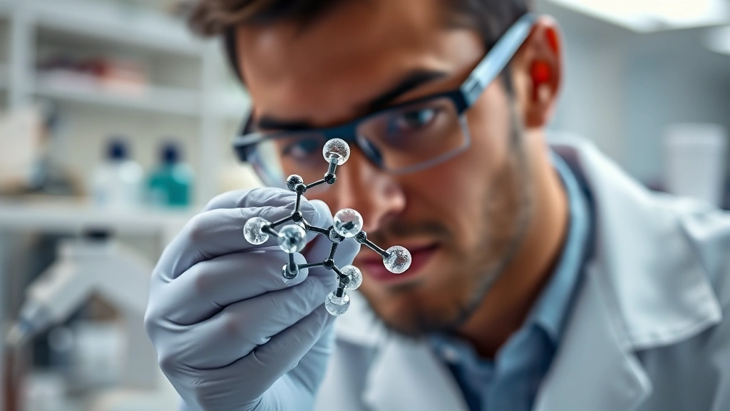 Laboratory scientist examining molecular structure model of artificial sweetener compound, microscope and research equipment visible, clinical setting, professional lighting