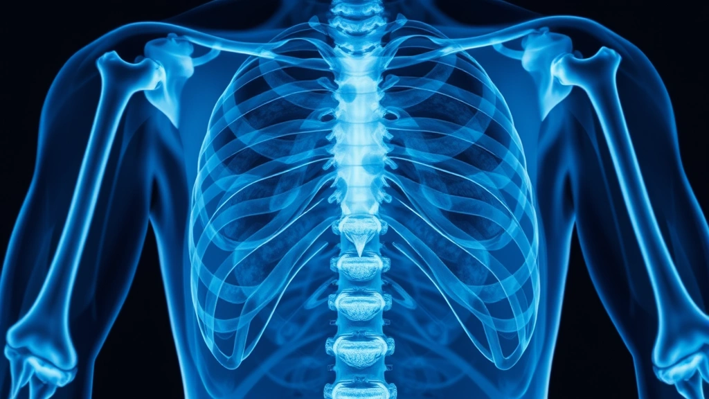 X-ray image representation showing skeletal structure and bone density, abstract medical visualization, blue and white color palette, photorealistic medical imaging style