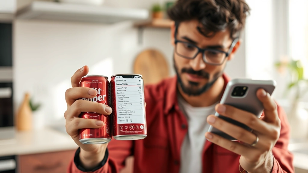 Person examining a Diet Dr Pepper can while holding a smartphone displaying nutrition app, modern kitchen setting, natural lighting, focused expression analyzing ingredients