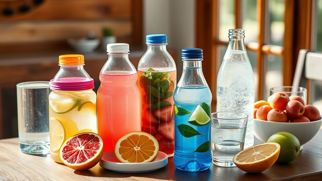 Colorful array of healthy beverage alternatives including water bottles, herbal tea cups, sparkling water, and fresh fruit on wooden table, bright natural lighting, lifestyle photography