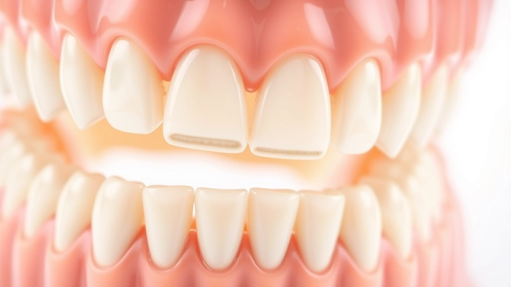 Close-up of dental model with highlighted tooth enamel erosion areas, scientific illustration style, showing effects of acidic beverages, professional medical imagery, white background