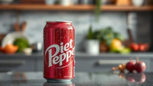 Close-up of condensation on a chilled Diet Dr Pepper can against a modern kitchen countertop with blurred health-conscious background elements
