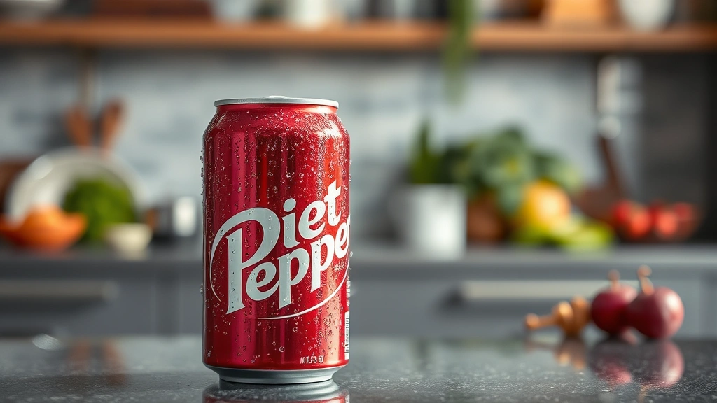 Close-up of condensation on a chilled Diet Dr Pepper can against a modern kitchen countertop with blurred health-conscious background elements