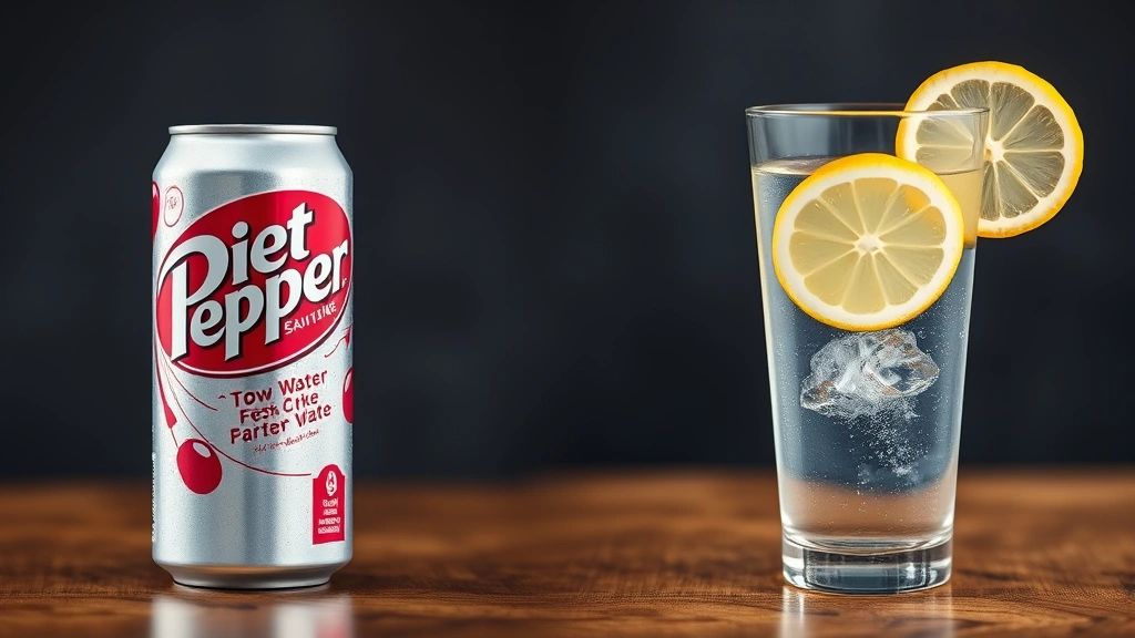 Split-screen comparison showing a Diet Dr Pepper can on one side and a glass of water with fresh lemon on the other, professional product photography style