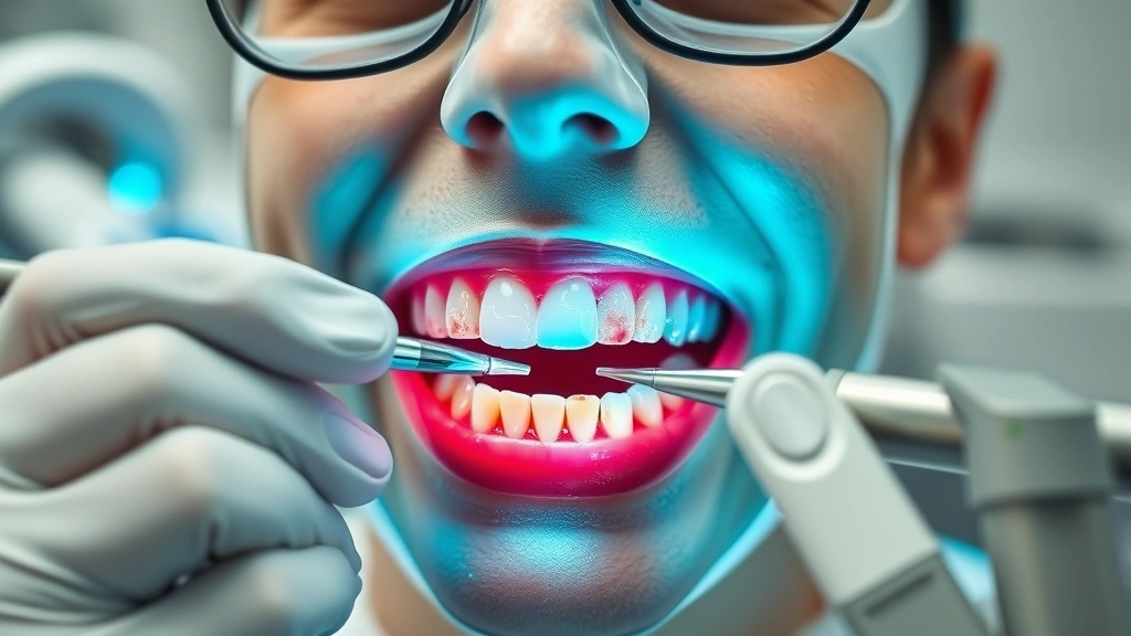 Dental professional examining teeth with acidic beverage damage visible, clinical healthcare setting with modern dental equipment, illustrating enamel erosion